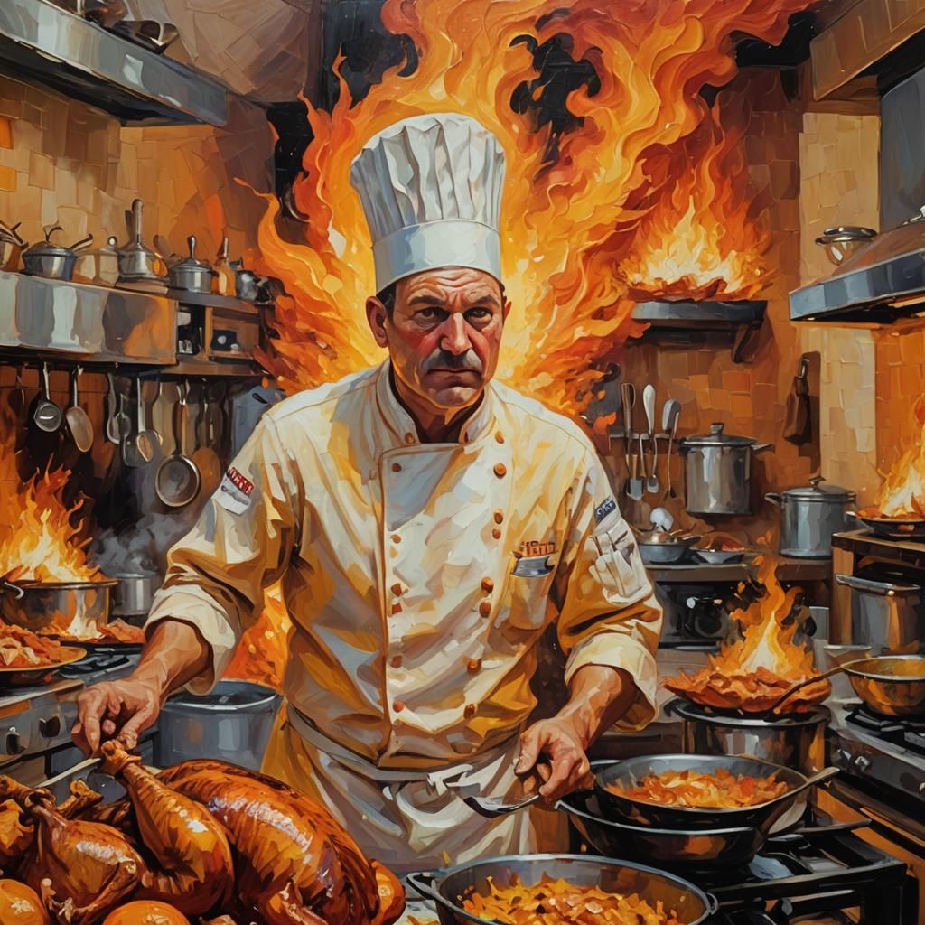 Frantic Chef and Turkey Inferno as Impasto Oil Painting
