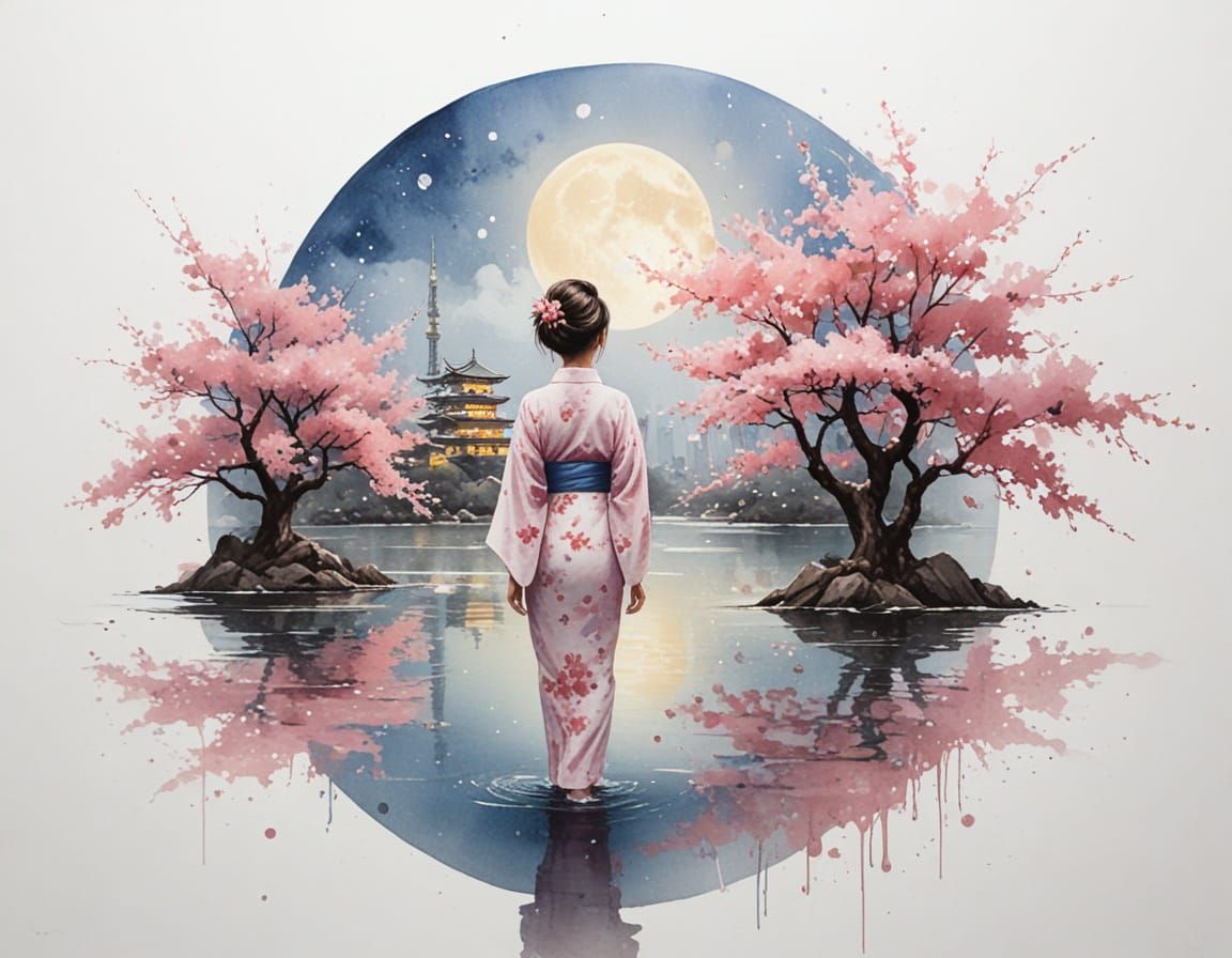 Woman in Kimono by Moonlit Water, Painterly Realism