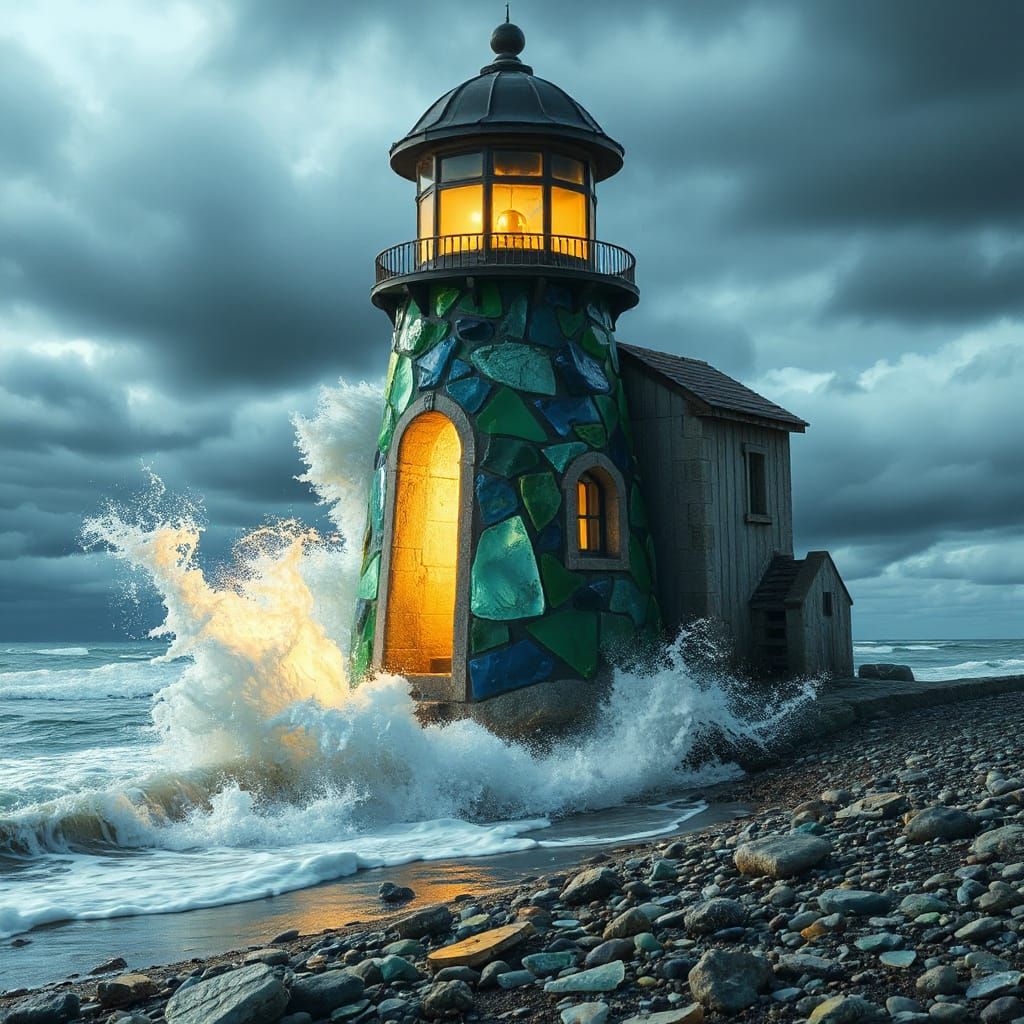 Glowing Sea Glass Lighthouse in Stormy Seas