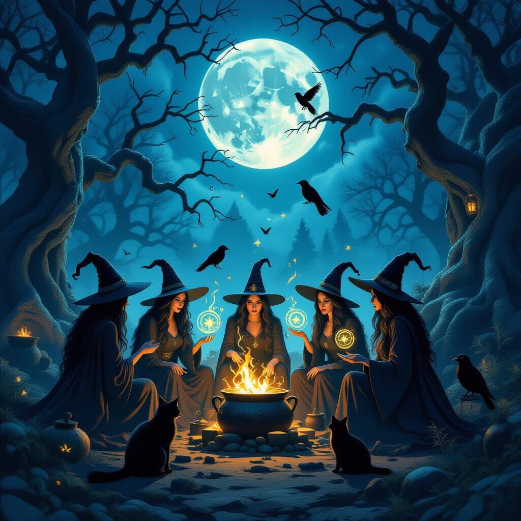 Mystical Witches Casting Spells Under Eerie Moonlight