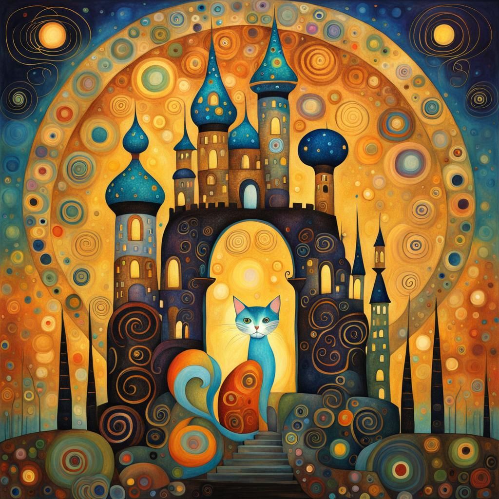 Whimsical Cat Castle in Klimt-Inspired Illustration
