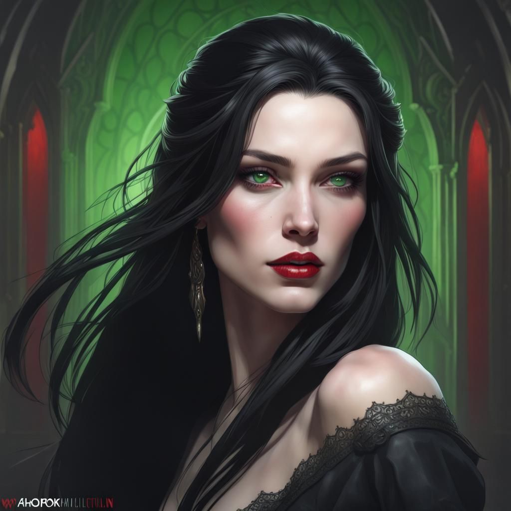 Gothic Portrait with Green Eyes in Hyperdetailed Style