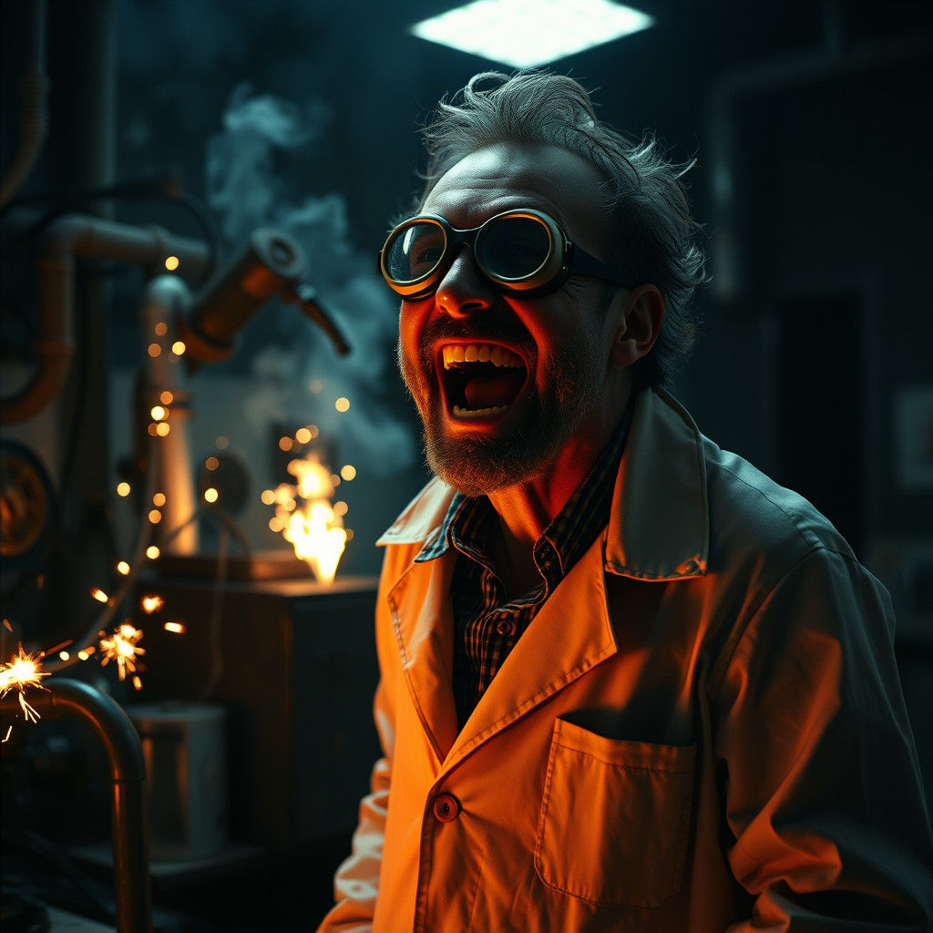 Mad Scientist's Laughter in Steampunk Laboratory