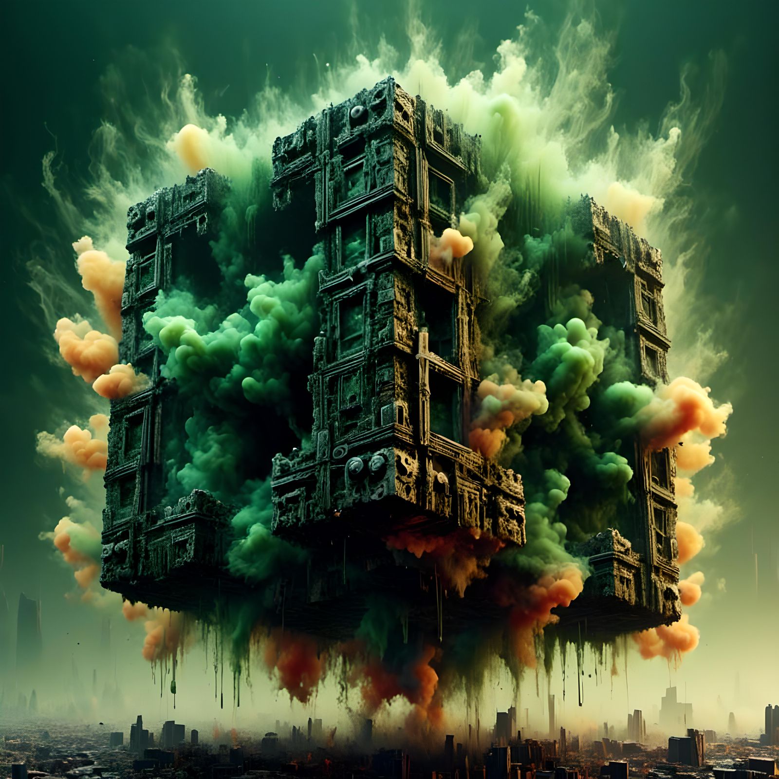 Radium-Green Smoke Borg Cube: Photorealistic Sci-Fi Art
