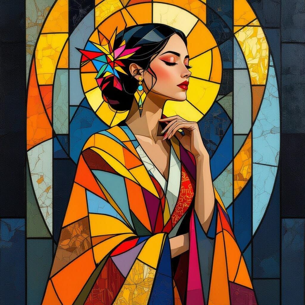 Woman in Geometric Abstract Attire: Digital Art