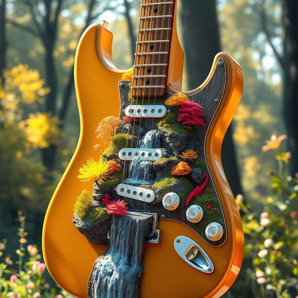 a guitar with a waterfall in the middle of it surrounded by ...