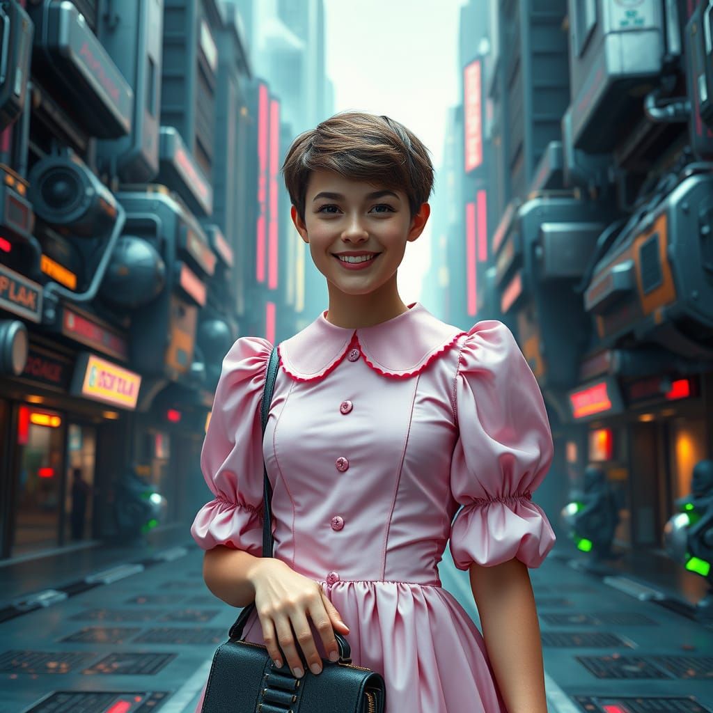 Confident Futuristic Icon in Gritty Neon Landscape