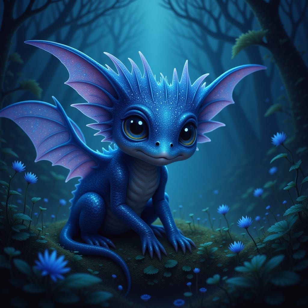 Fantastical Creature in Bioluminescent Forest Digital Painti...
