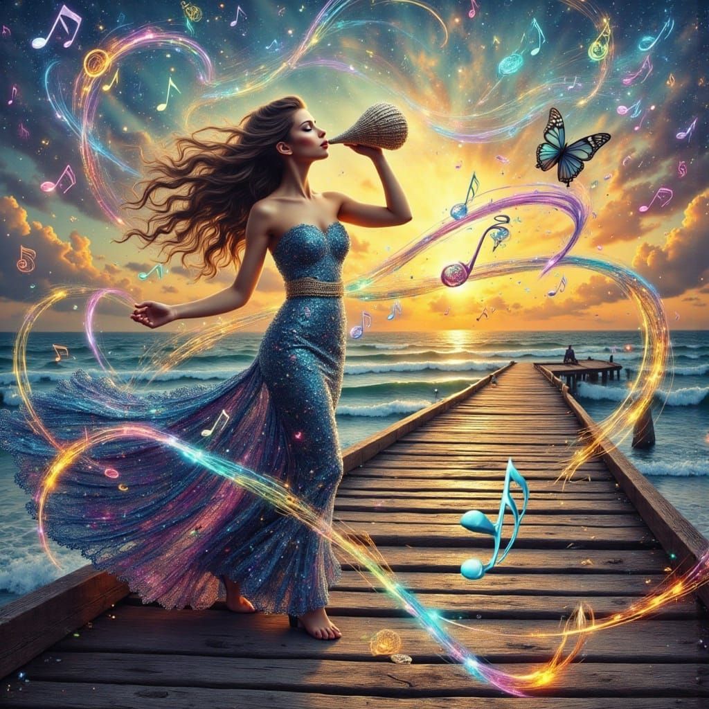 Surreal Sunset Pier Scene in Mixed Media Collage Style