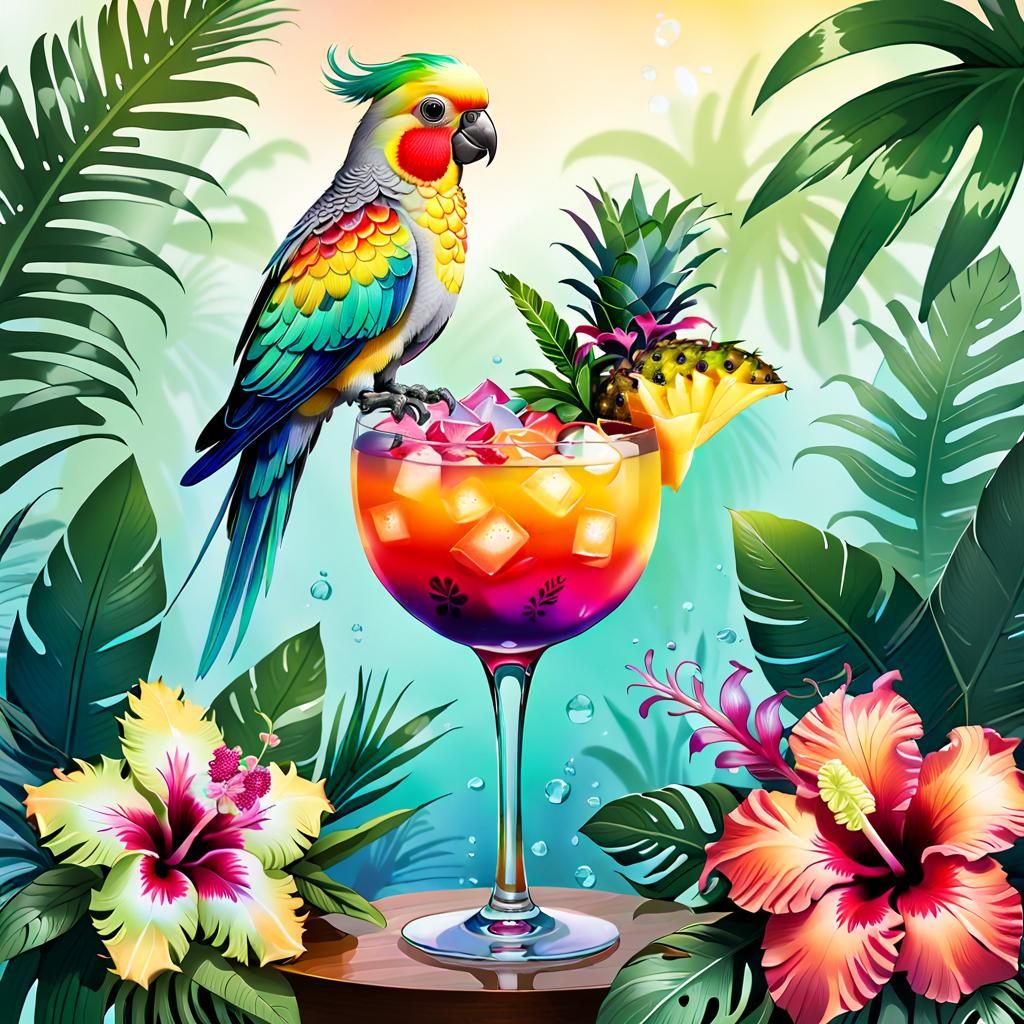 Cockatiel in Surrealist Style on Cocktail Glass