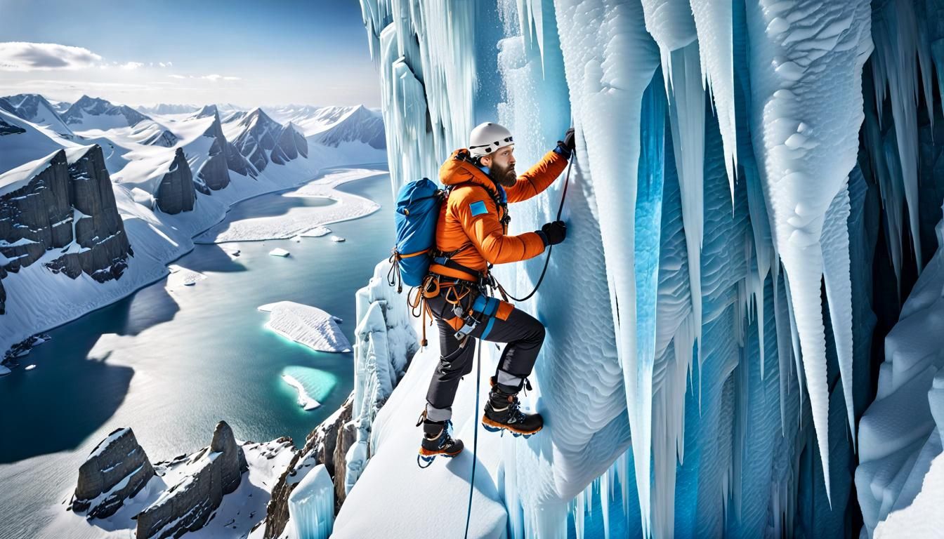 Epic Ice Climber on Frozen Cliff