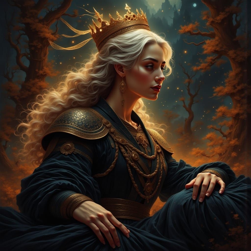 Woman in Black Velvet Dress with Gold Crown, 1800s Style