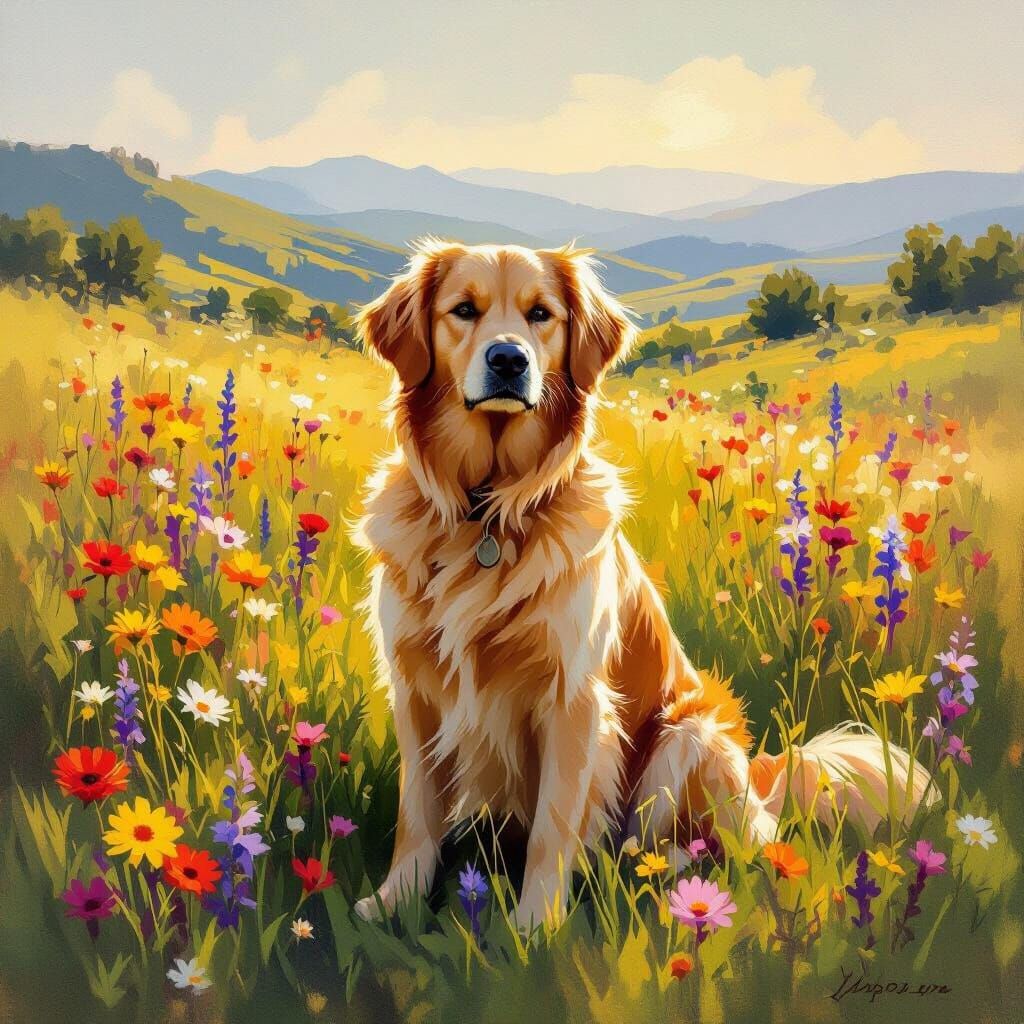 Golden Retriever in Sun-Dappled Wildflower Meadow
