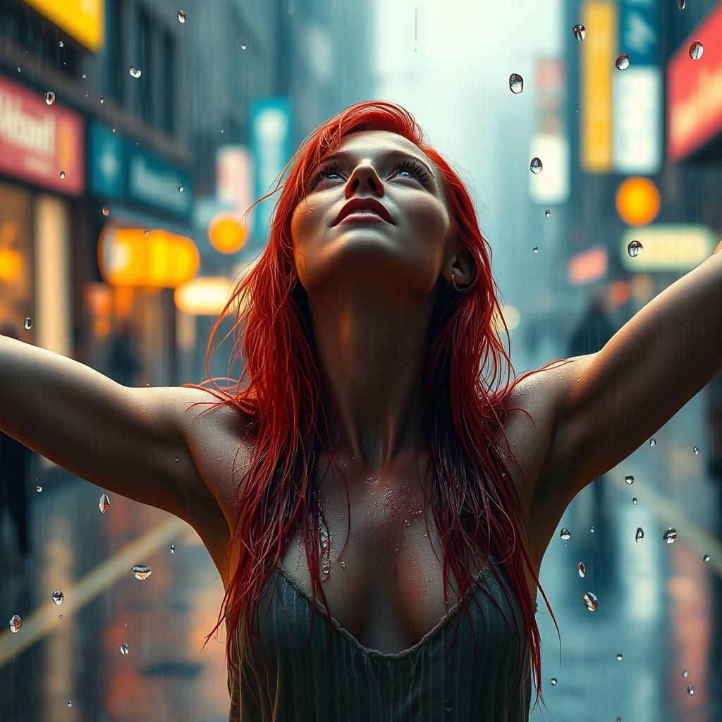 Euphoric Redhead in Rainbow Rain, Hyper-realistic Art