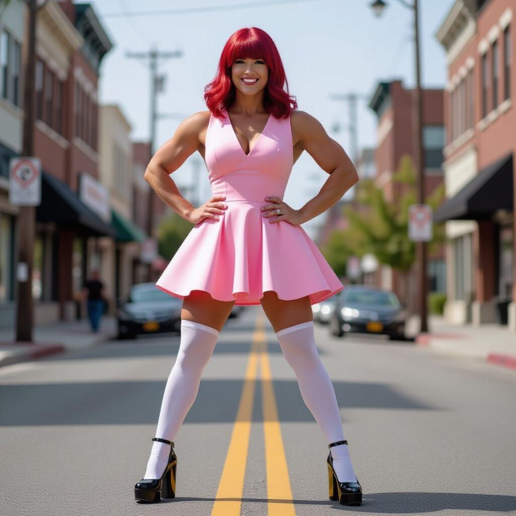 Muscular Man in Pink Dress and Platform Heels