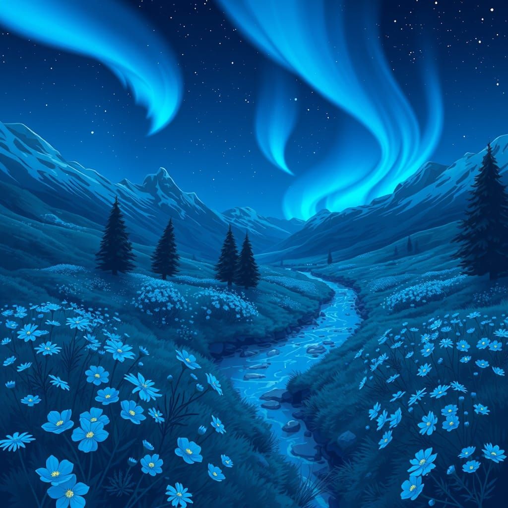 Synthwave Merry Valley Under Blue Northern Lights