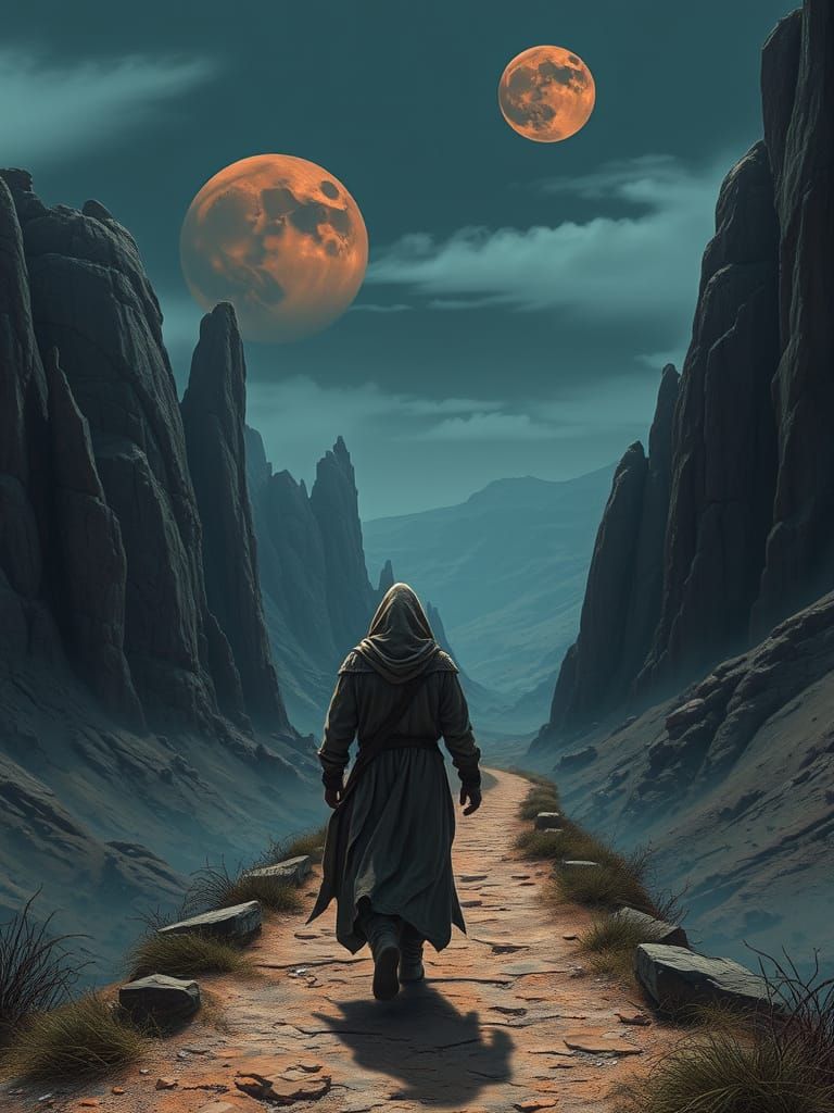 Dark Figure Walks Through Towering Mesas Under Two Moons