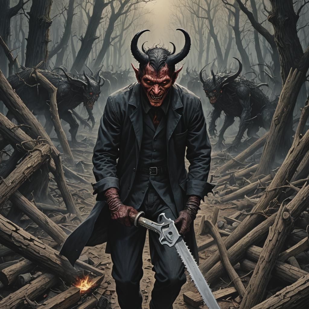 A hyperrealistic, chilling picture of Denji, a small-time de...