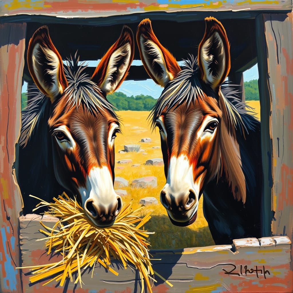 Donkeys in Sunlit Landscape, Impasto Oil Painting
