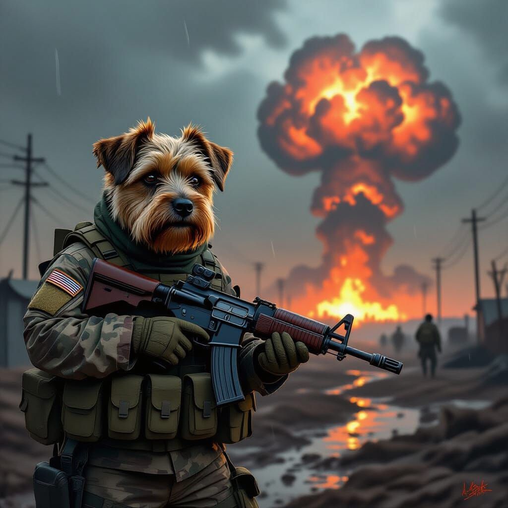 Border Terrier in Military Gear Amidst War Zone