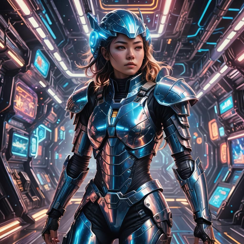 Anime-Inspired Galactic Warrior on Spaceship Deck