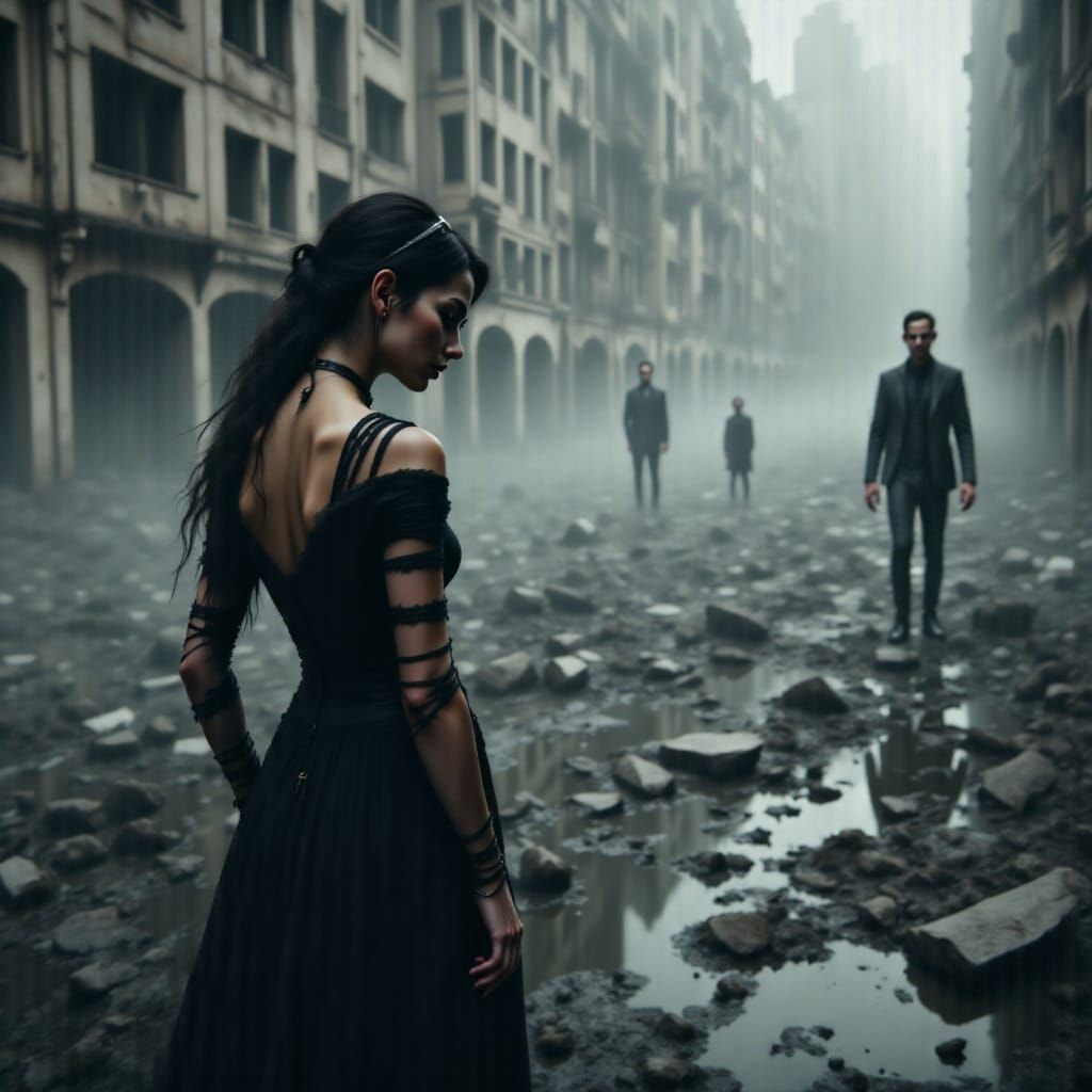 Young Woman Stands Resolute Against a Desolate Cityscape