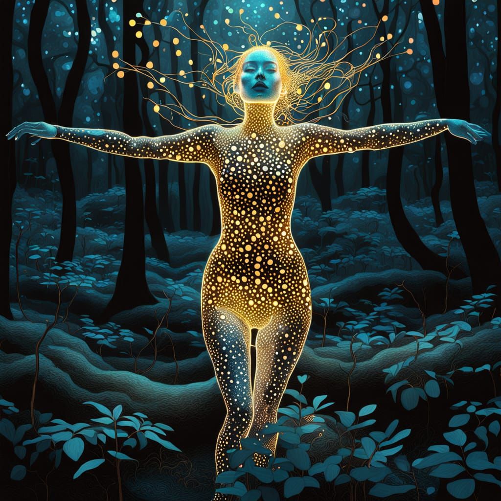 Ethereal Goddess Emerges from Dark Forest in Vibrant Bio Art