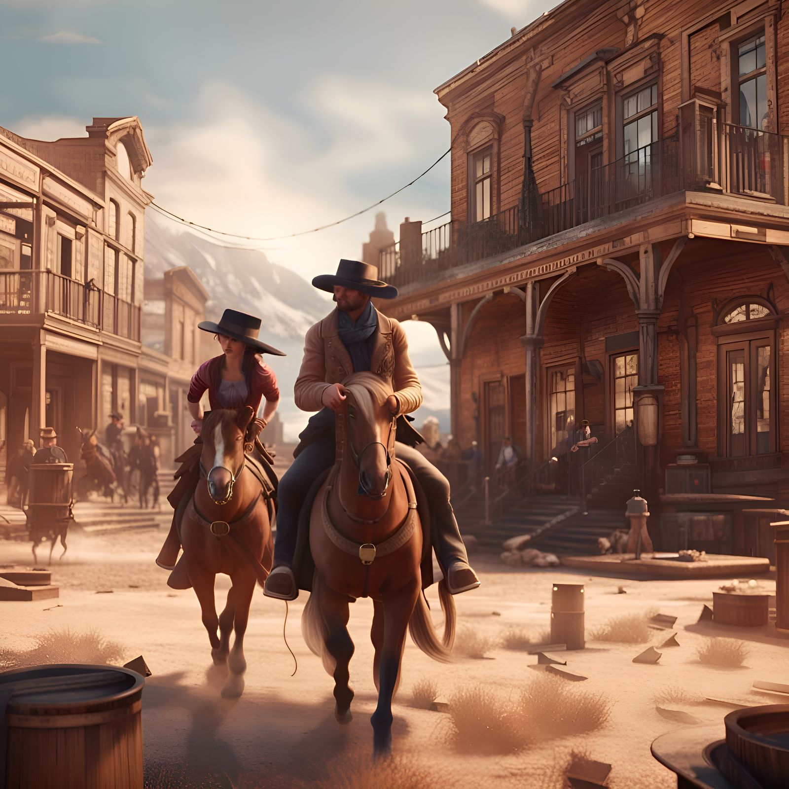 Cowboy and Cowgirl Gunfight in Old Western Town