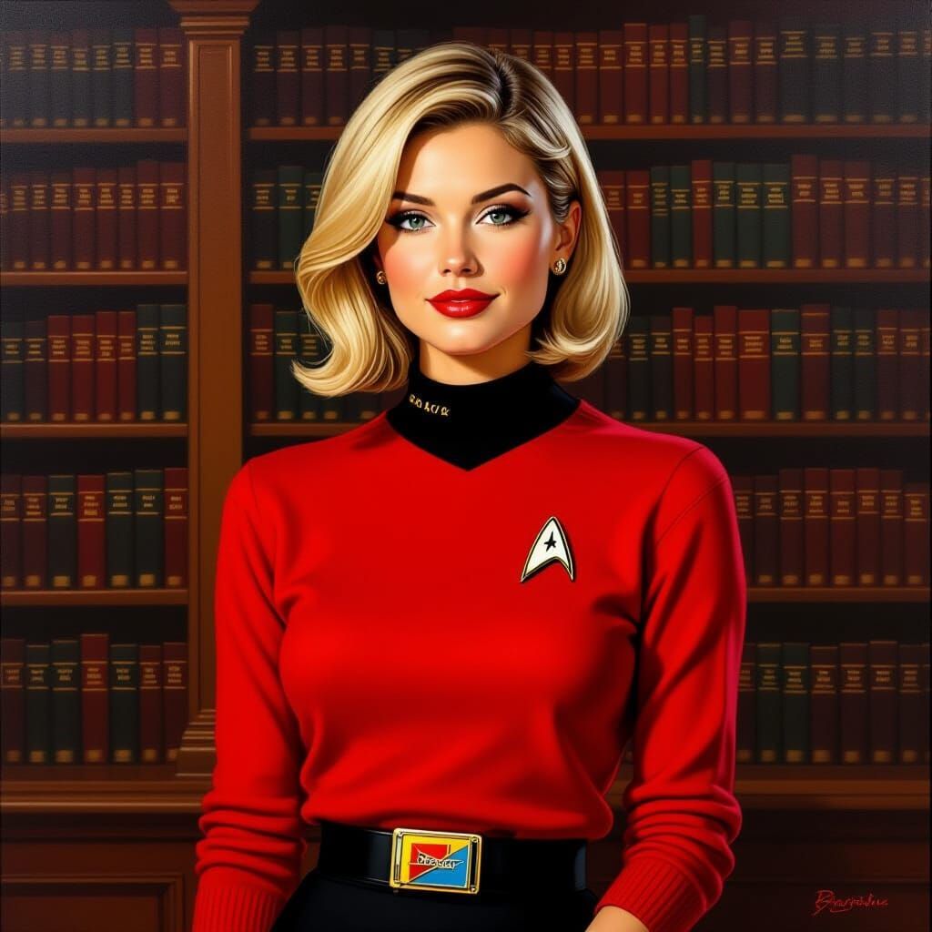 Woman in Red Sweater with Star Trek Badge in Library Oil Pai...
