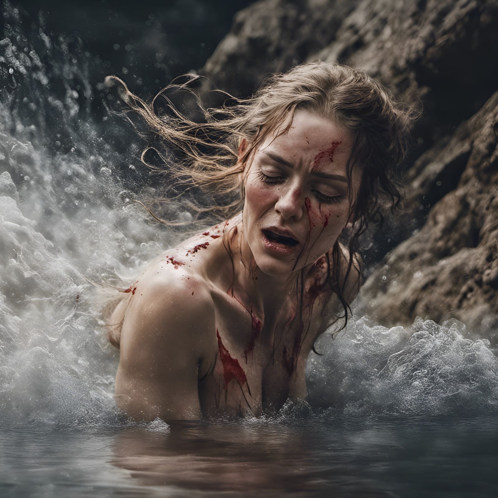 Woman Falling from Cliff: Hyperrealistic Photography