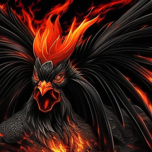Sinister Flaming Rooster in Fineline Ink Style