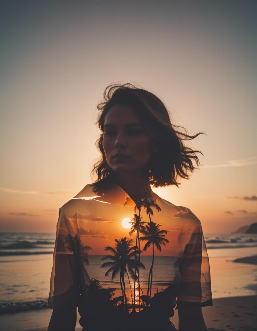 Sunset Beach Silhouette: Ultra Realistic Double Exposure