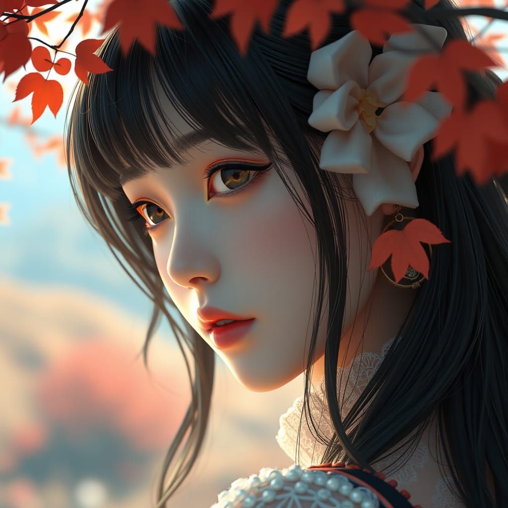 Korean Girl Portrait in Autumn Valley: 3D Anime Art
