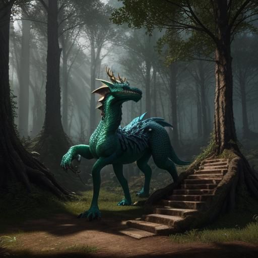 Fantasy Forest: Dragon, Dog, and Deer Together