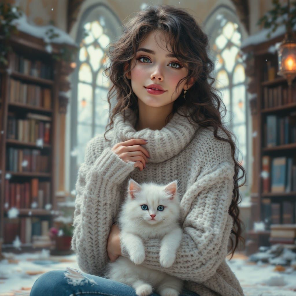 Enchanting Winter Sultress with Kitten, in Whimsical Artgerm...