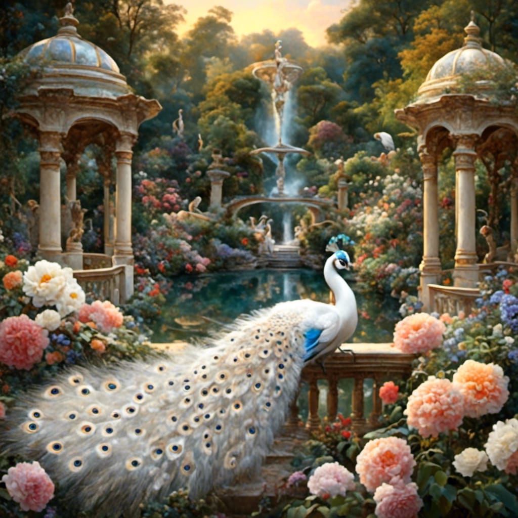 A Romantic Midnight Garden Scene with White Peacocks and Ant...