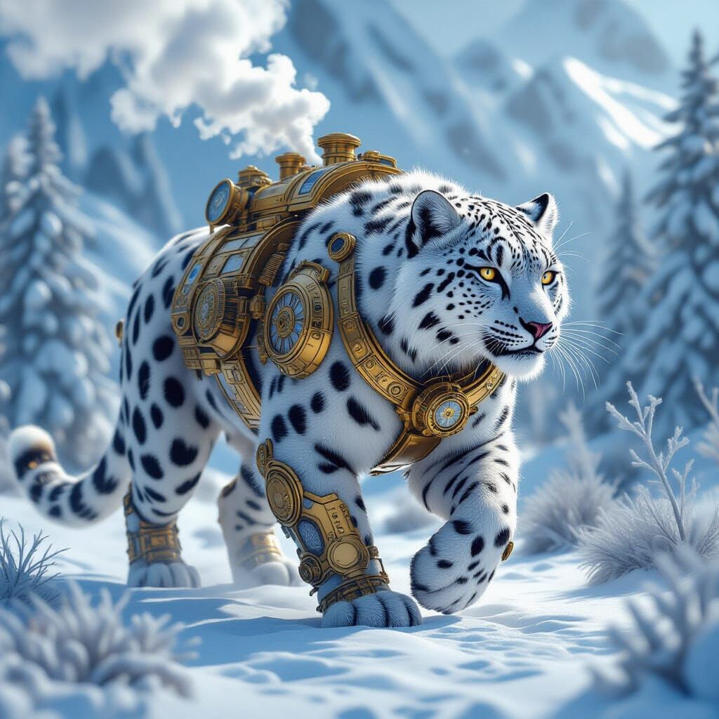 Steampunk Snow Leopard in Frosted Wilderness