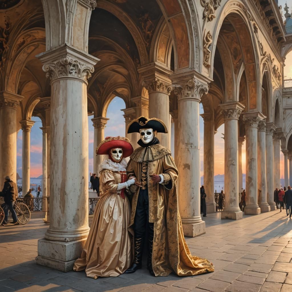 Venetian Carnival Masks at Sunset, Pietro Longhi Style