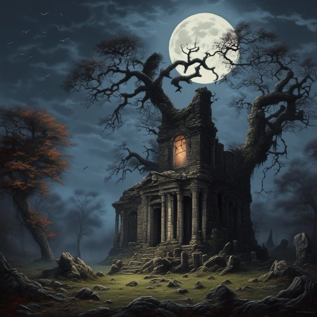 Sinister Stone House Ruins with Fig Tree