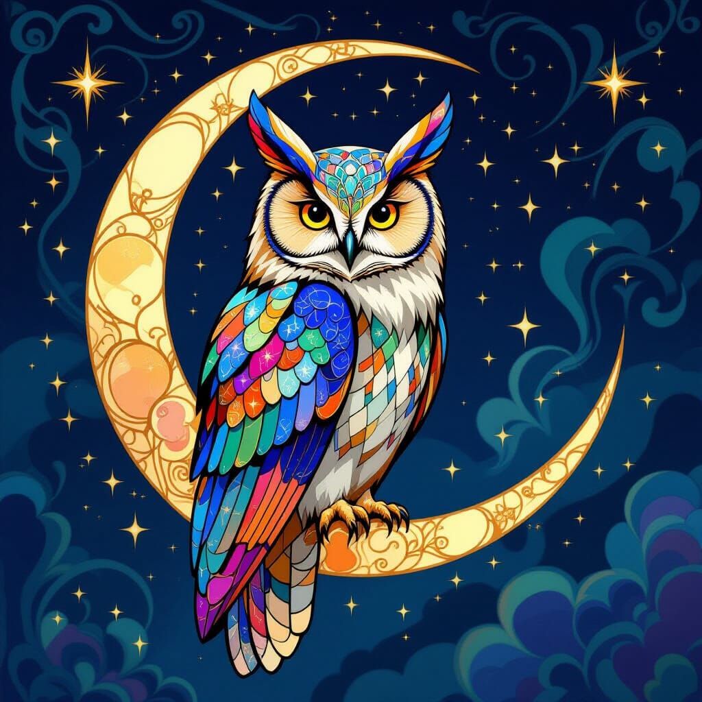 Stained Glass Owl on Crescent Moon with Stars