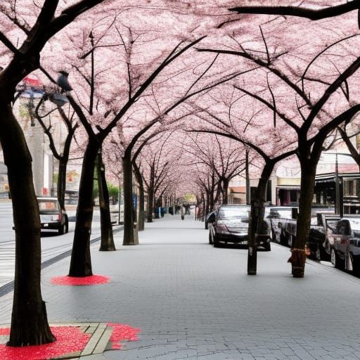 Hyperrealistic Cityscape with Cherry Blossoms in Bloom