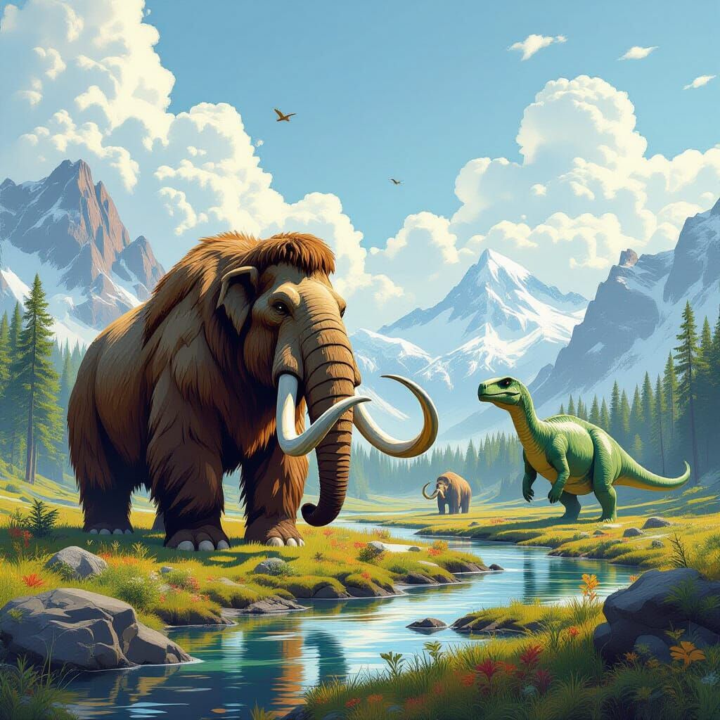 Prehistoric Landscape with Mammoths and Dinosaurs