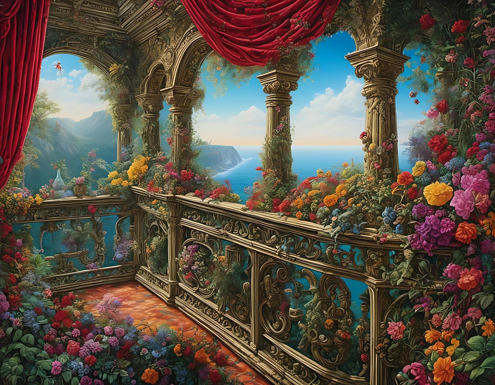 Surreal Cliffside Estate Balcony in Neon Colors