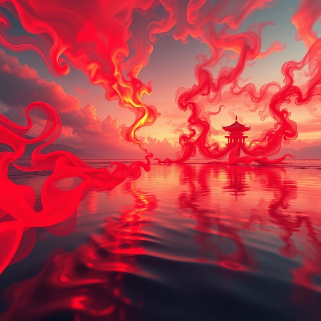 Fiery Sky Reflected in Crimson Smoke, in Digital Art Style