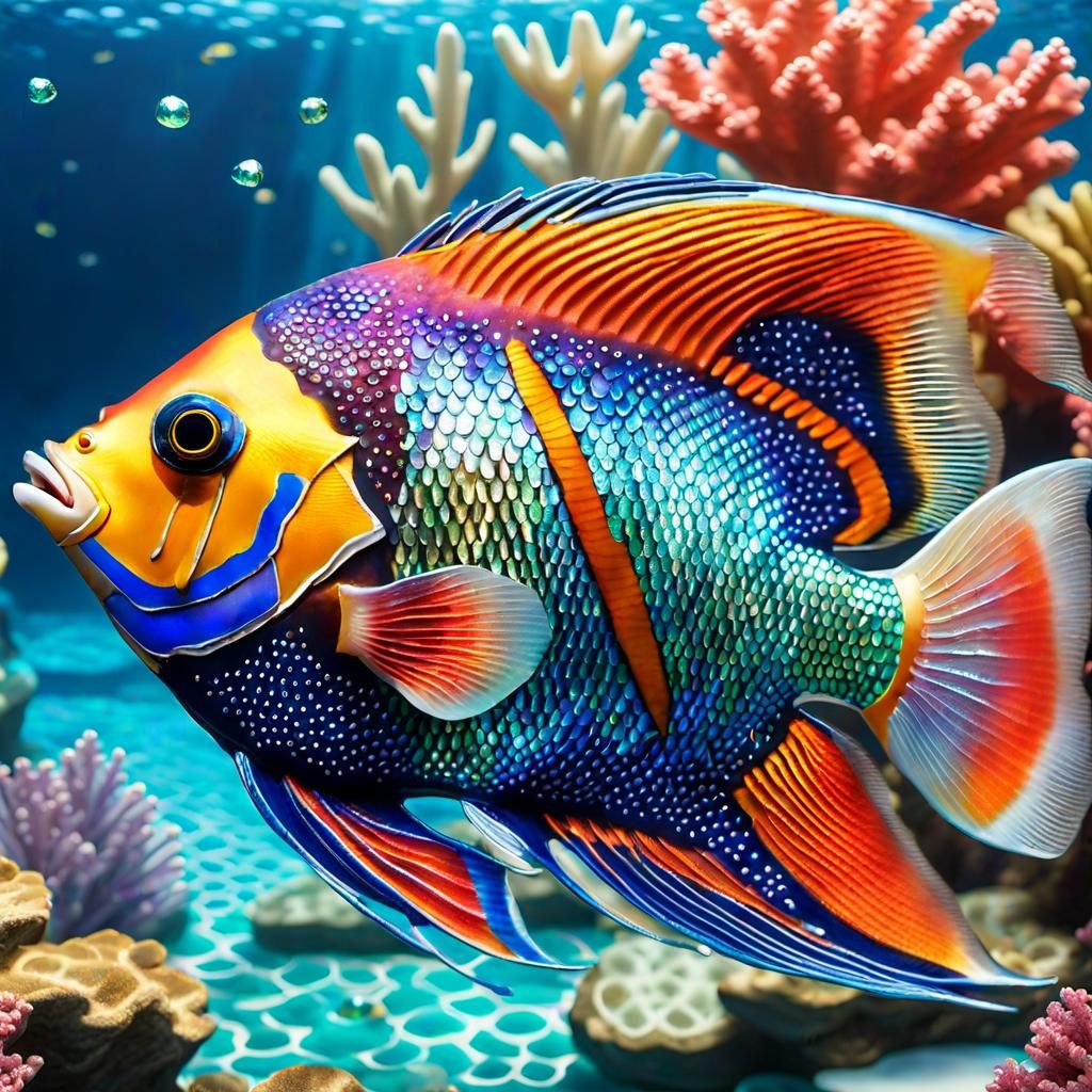 Iridescent Angelfish with Art Deco Scales in Graffiti Art