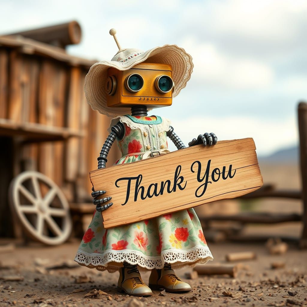 Robot in Western Dress Holds Thank You Sign