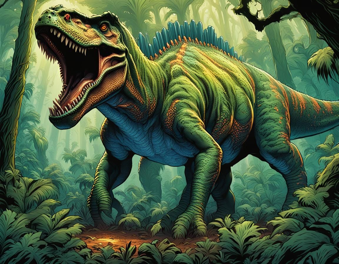 Dinosaur in Prehistoric Forest Comic Book Art