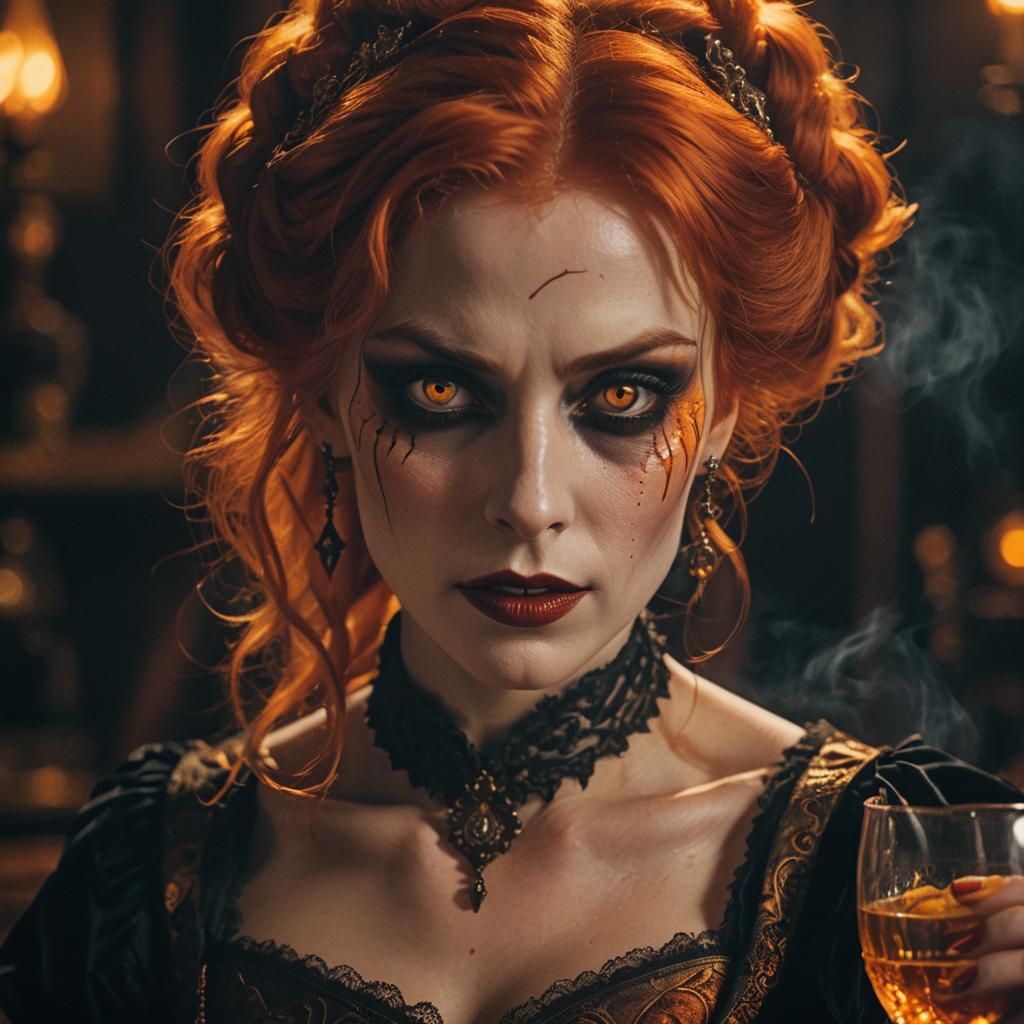 Vampire Woman with Fiery Hair in Ornate Bar