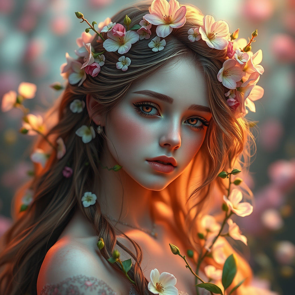 Enchanting Flower Girl Portrait in Art Nouveau Style