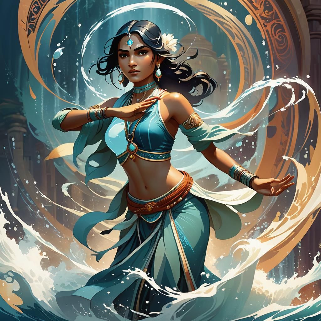 Epic Indian Water Bender in Alphonse Mucha Style
